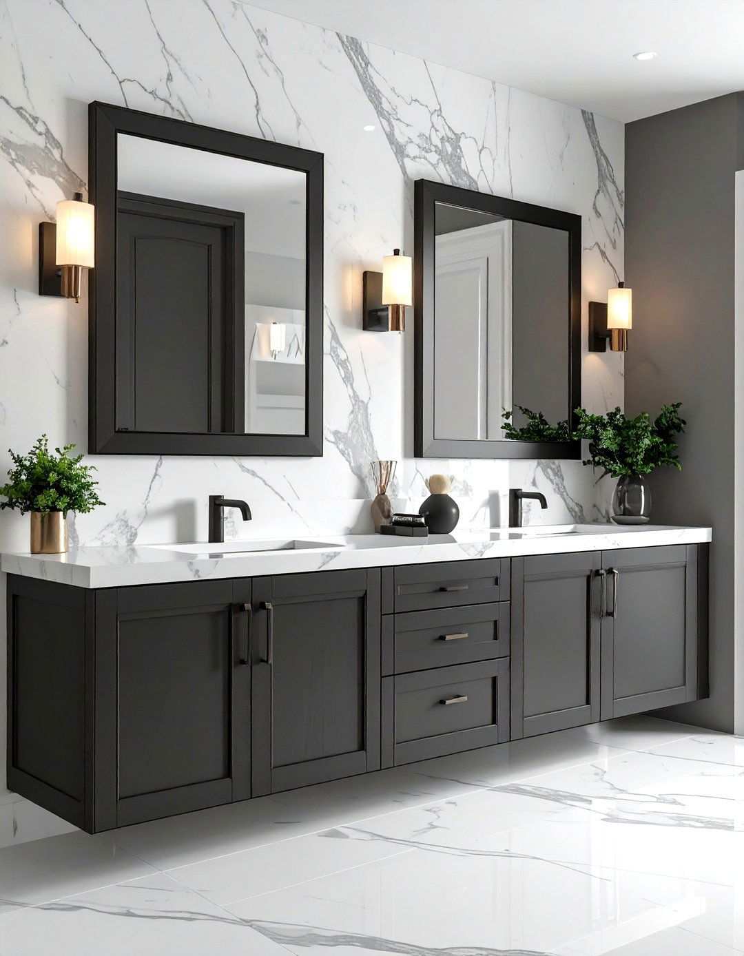 Soft Grey Marble Bathroom With Black Hardware - 20 Black and Grey Bathroom Ideas