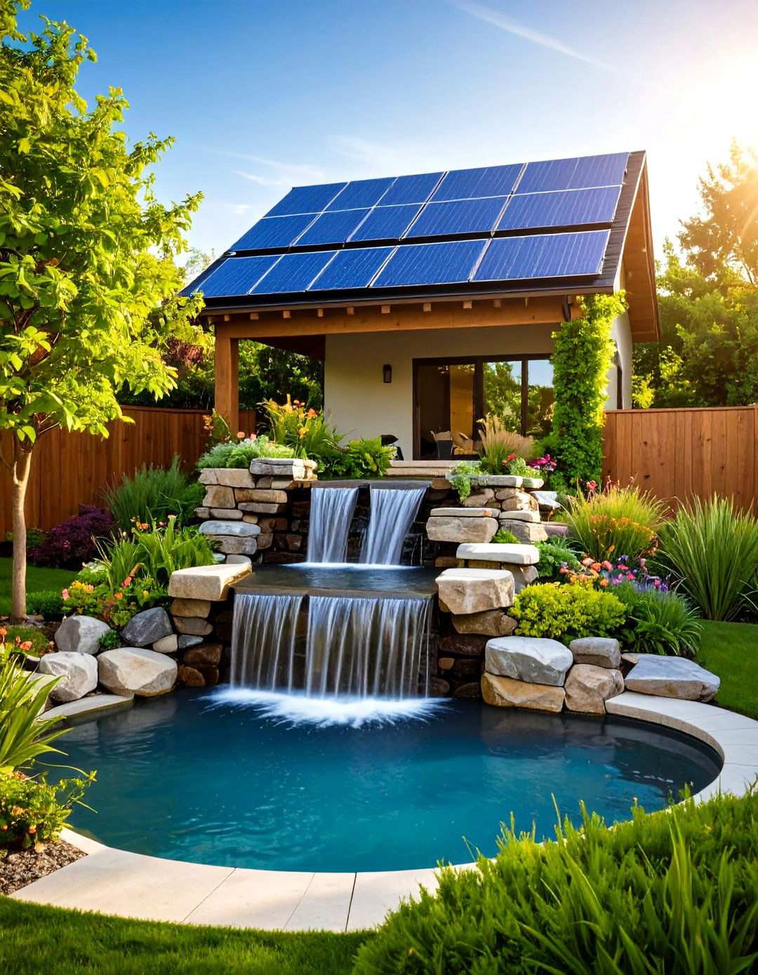 Solar Powered Waterfall Feature - 20 Backyard Waterfall Ideas