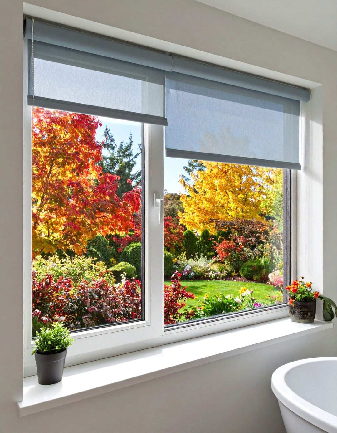 Solar Screen Roller Shades Preserve the View - 20 Bathroom Window Treatment Ideas