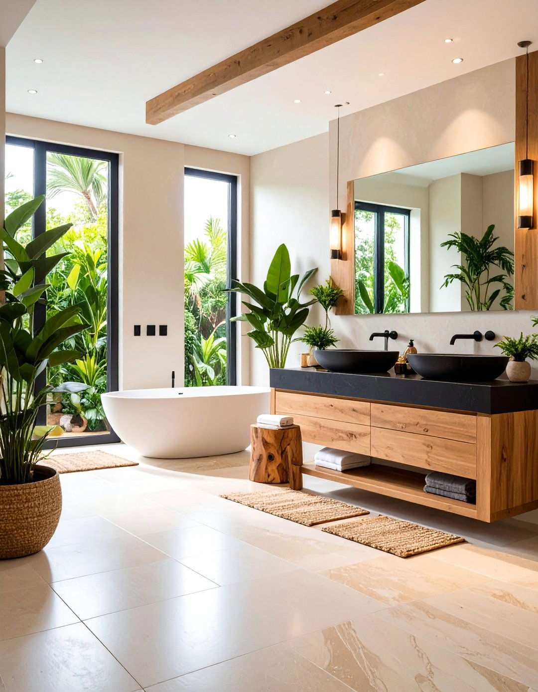 Spa Like Bathroom with Black Countertops and Natural Stone Floors - 20 bathroom with black countertops ideas