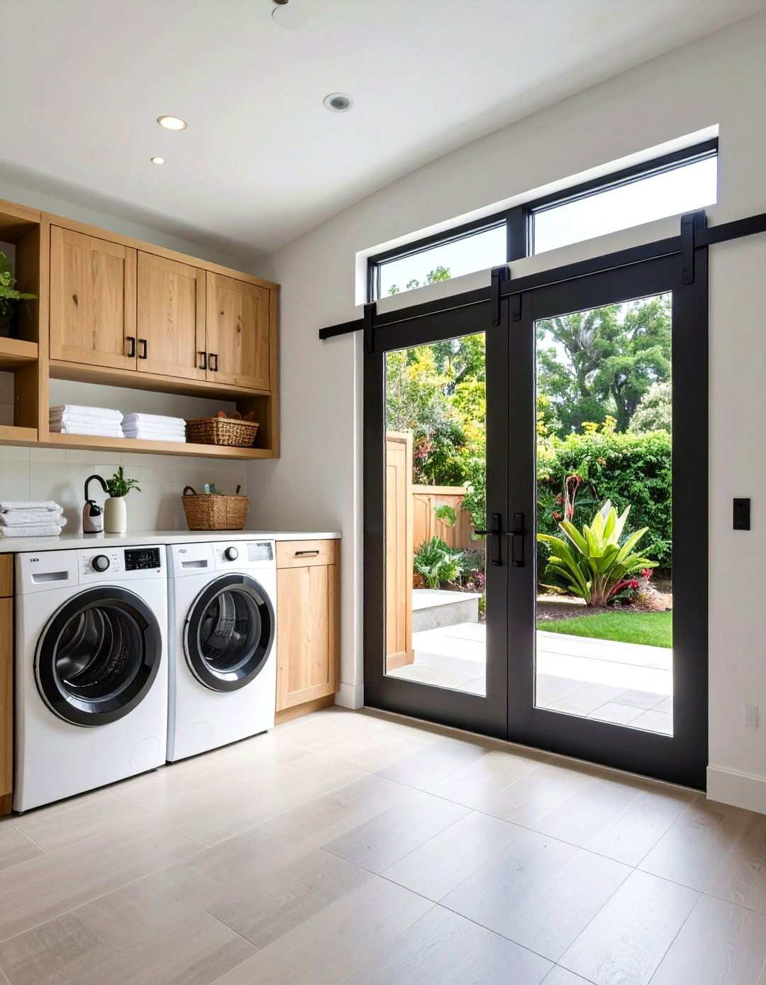 Space Saving Black Barn Door - 20 Black and White Laundry Room Ideas