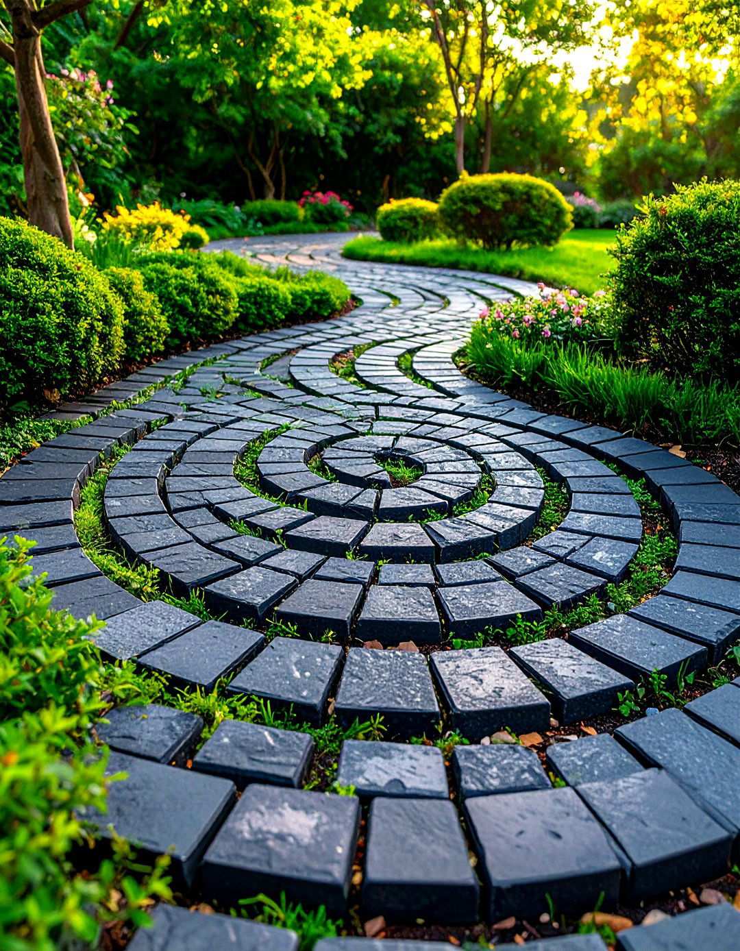 Spiral Pattern Black Brick Walkway Design - 20 Black Brick Walkway Ideas