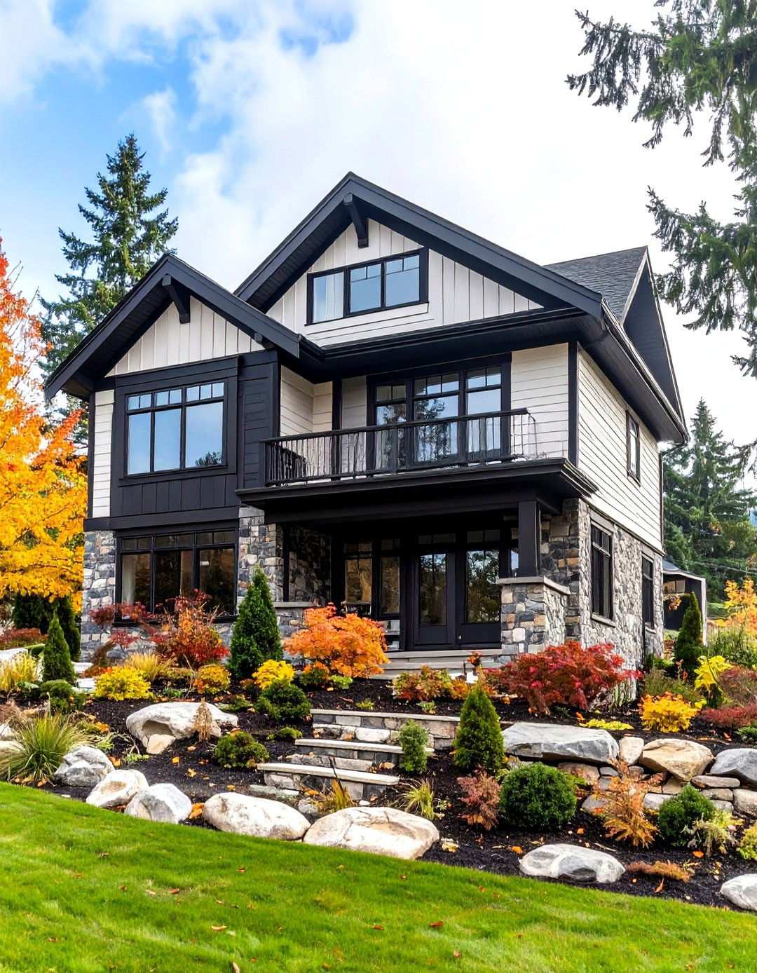 Split Level Black and White House Exterior with Mixed Materials - 20 Black and White House Exterior Ideas