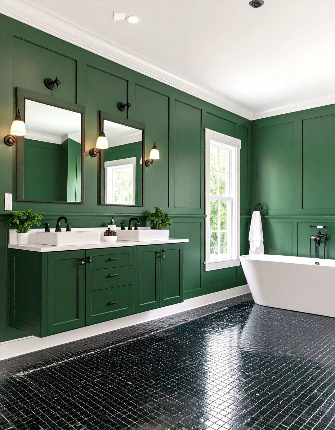 Split Wall Color to Stretch a Small Bathroom - 20 Black and Green Bathroom Ideas