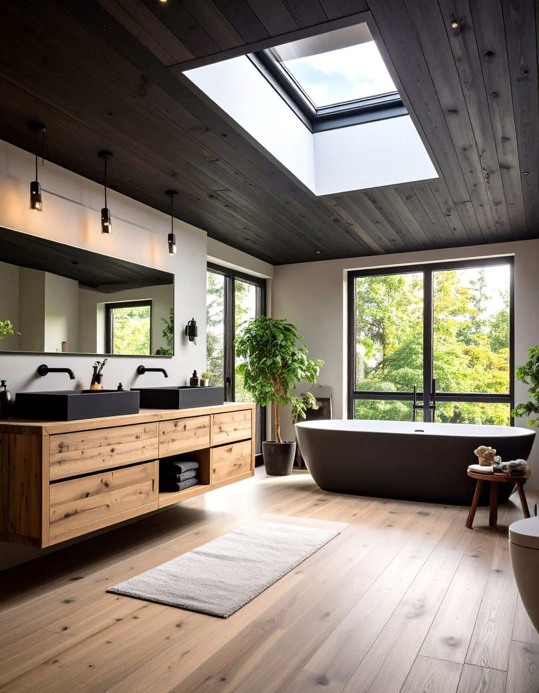 Statement Ceiling Charred Timber above Black Fixtures - 20 Black and Wood Bathroom Ideas