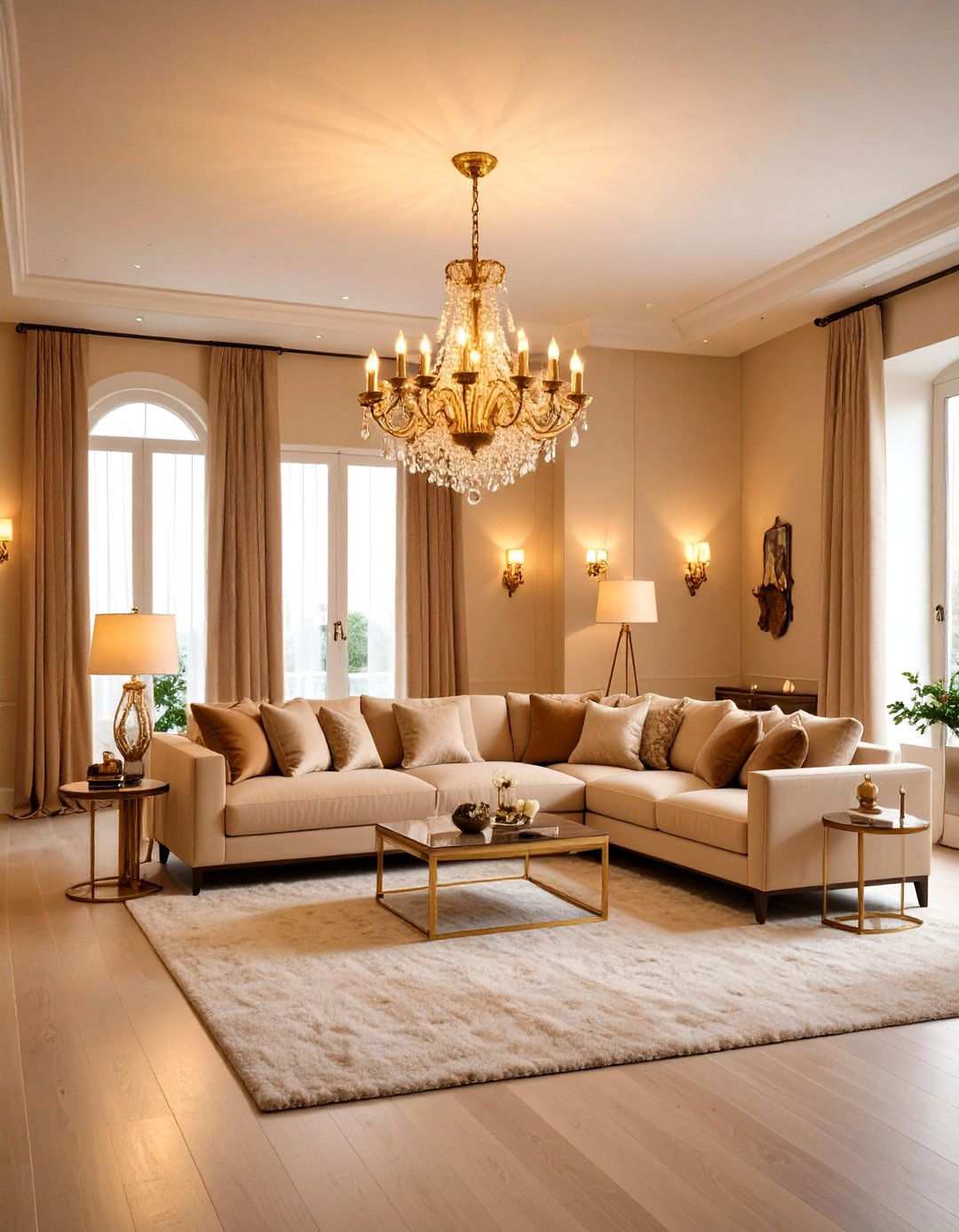 Statement Lighting Warms a Beige Living Room - 20 Beige Living Room Ideas