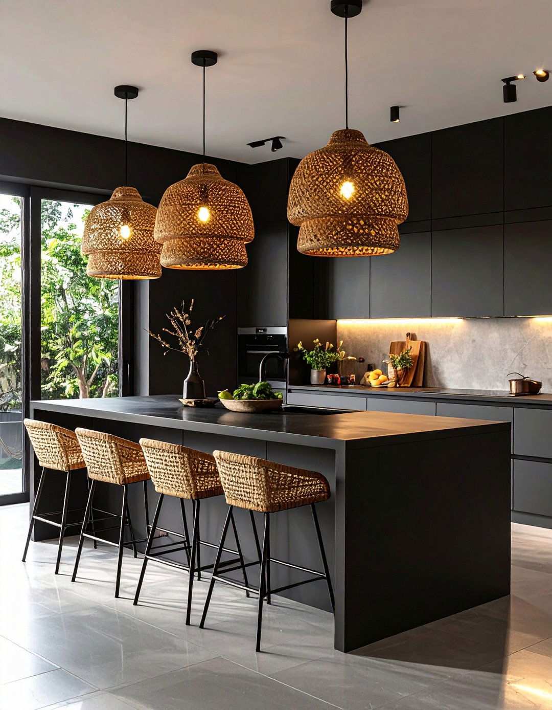 Statement Pendants Over a Black Island - 20 Black Kitchen Islands