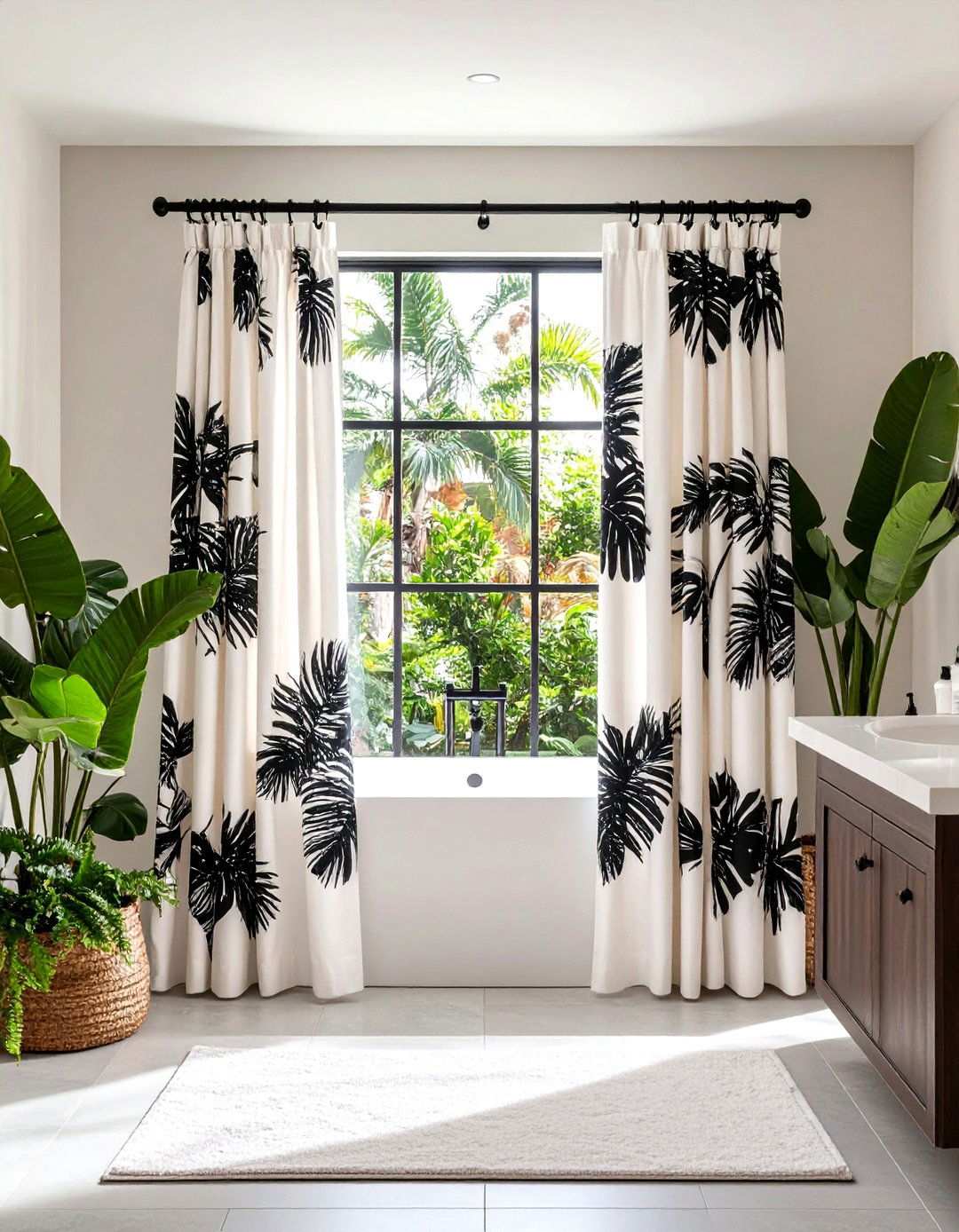 Statement Shower Curtain Delivers Instant Pattern - 20 Black and White Bathroom Ideas