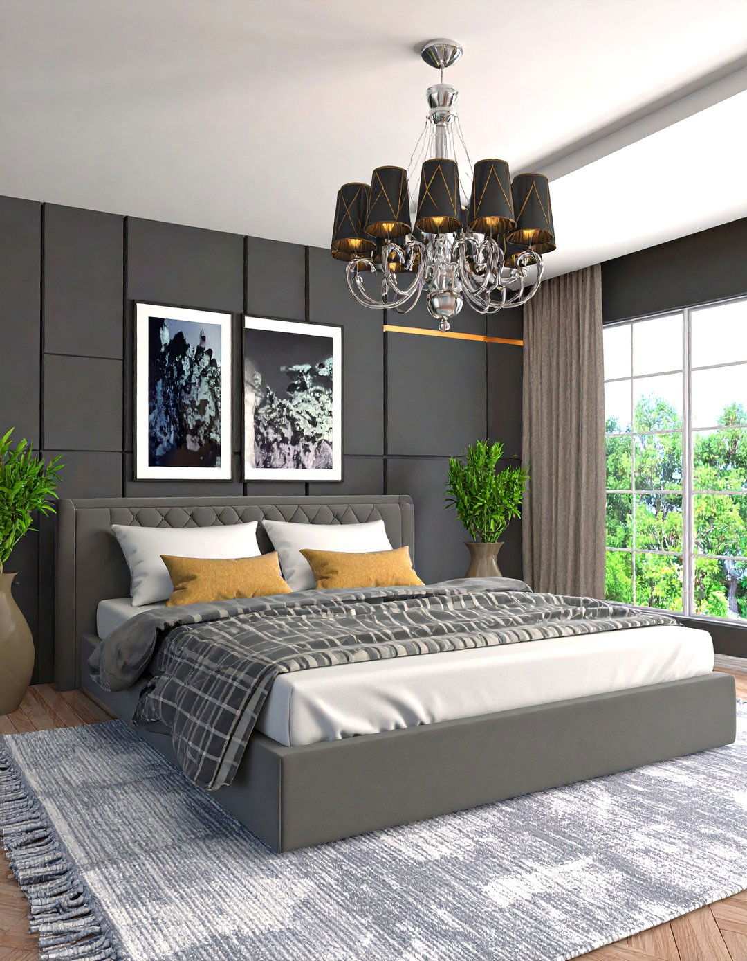 Statement Silver Lighting Against a Charcoal Bedroom Backdrop - 20 Black and Silver Bedroom Ideas