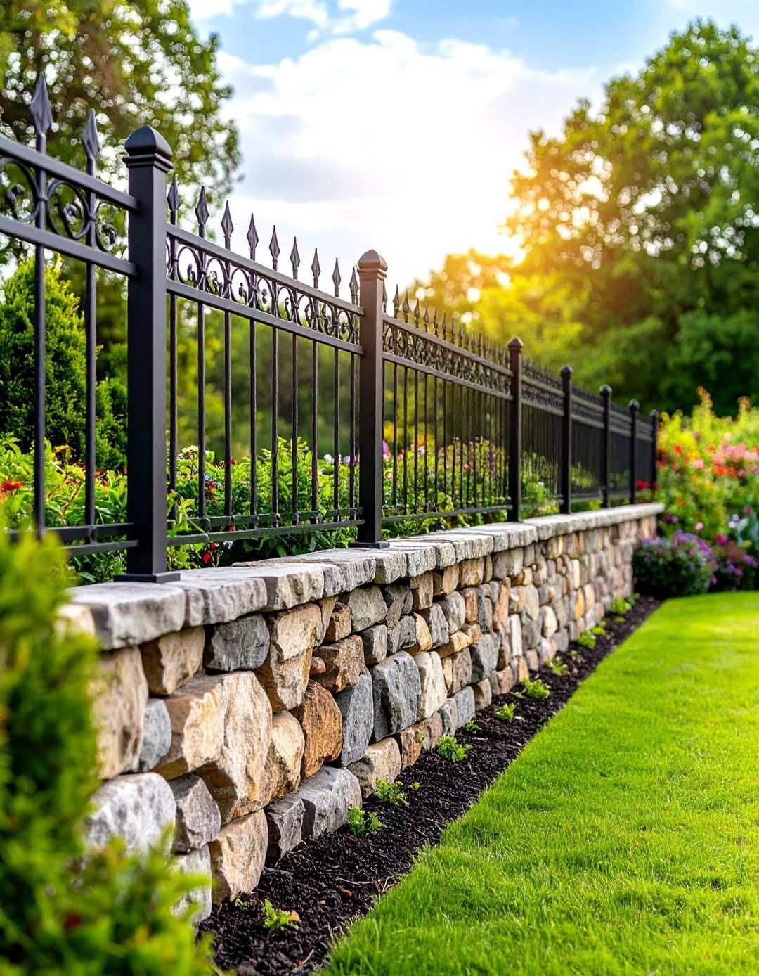 Stone and Iron Combo Fence - 20 Vegetable Garden Fence Ideas