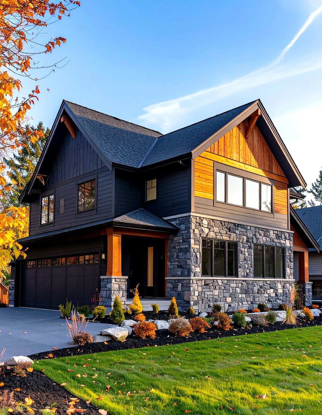 Stone Base Courses Meeting Wood on Black Walls - 20 Black House With Wood Accents