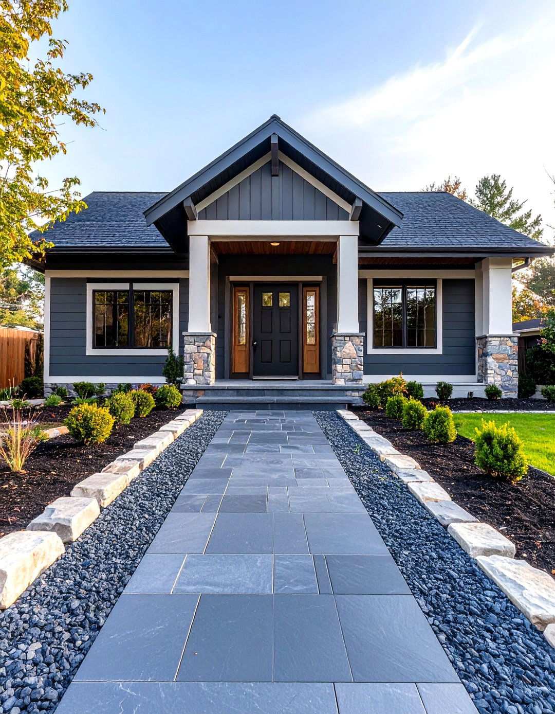 Stone Edged Walkways Echoing the Dark Palette - 20 Black Modern Farmhouse Exterior Design Ideas