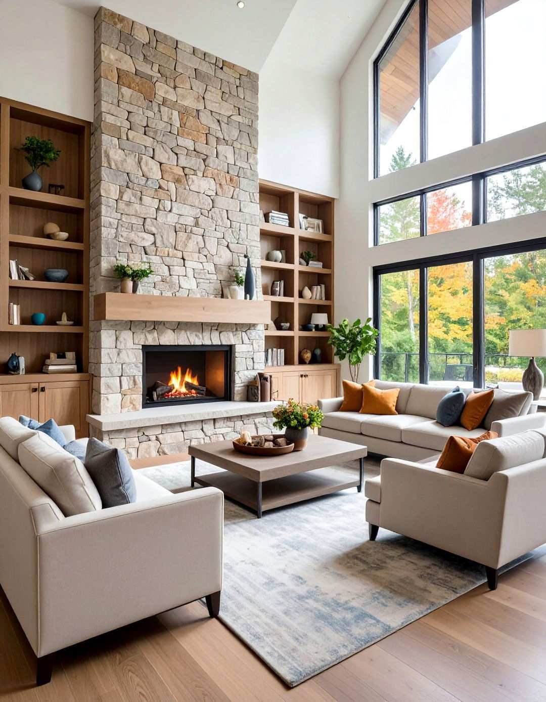 Stone Fireplace as Living Room Centerpiece - 20 Barndominium Interior Ideas