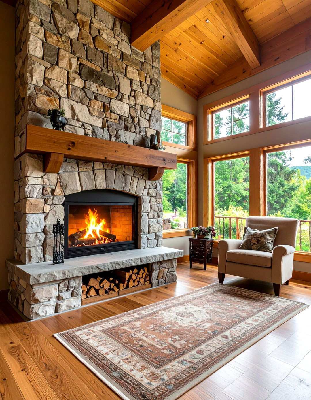 Stone Fireplace with Wood Storage Niche - 20 Stone Fireplace Ideas