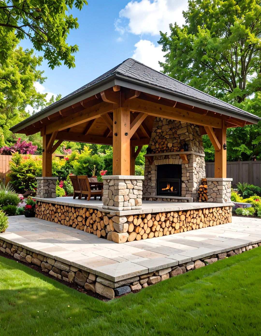 Stone Pavilion with Built in Wood Storage - 20 Backyard Pavilion With Fireplace