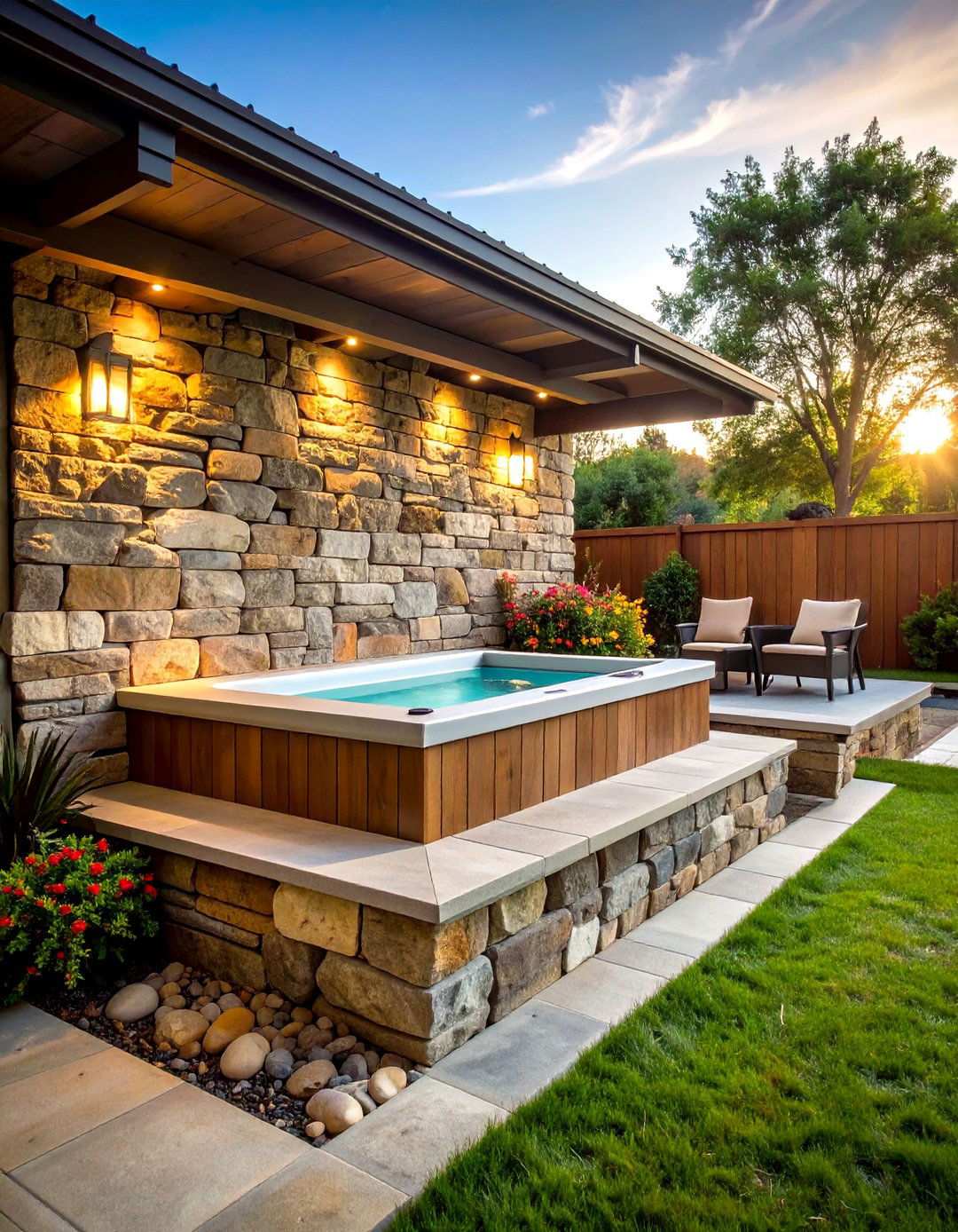 Stone Wall Features for Permanent Hot Tub Privacy - 20 Backyard Hot Tub Privacy Ideas