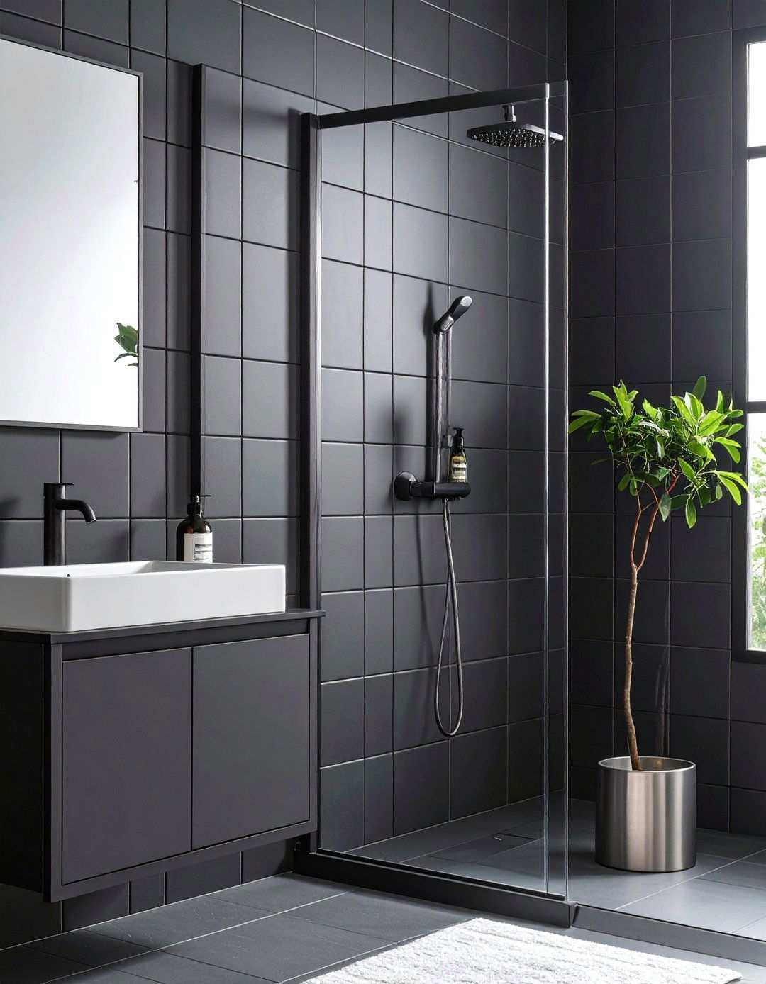 Subtle Grid Black Bathroom Tiles With Grey Grout - 20 Black and Grey Bathroom Ideas