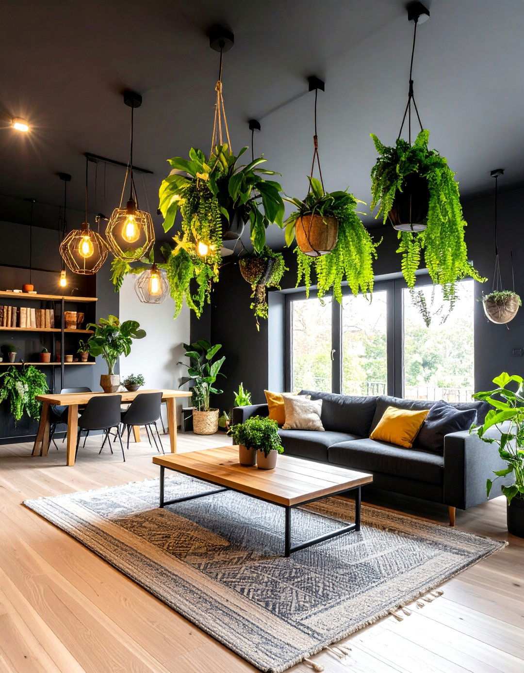 Suspended Greenery Pops Against a Black Ceiling - 20 Black Ceiling Design Ideas
