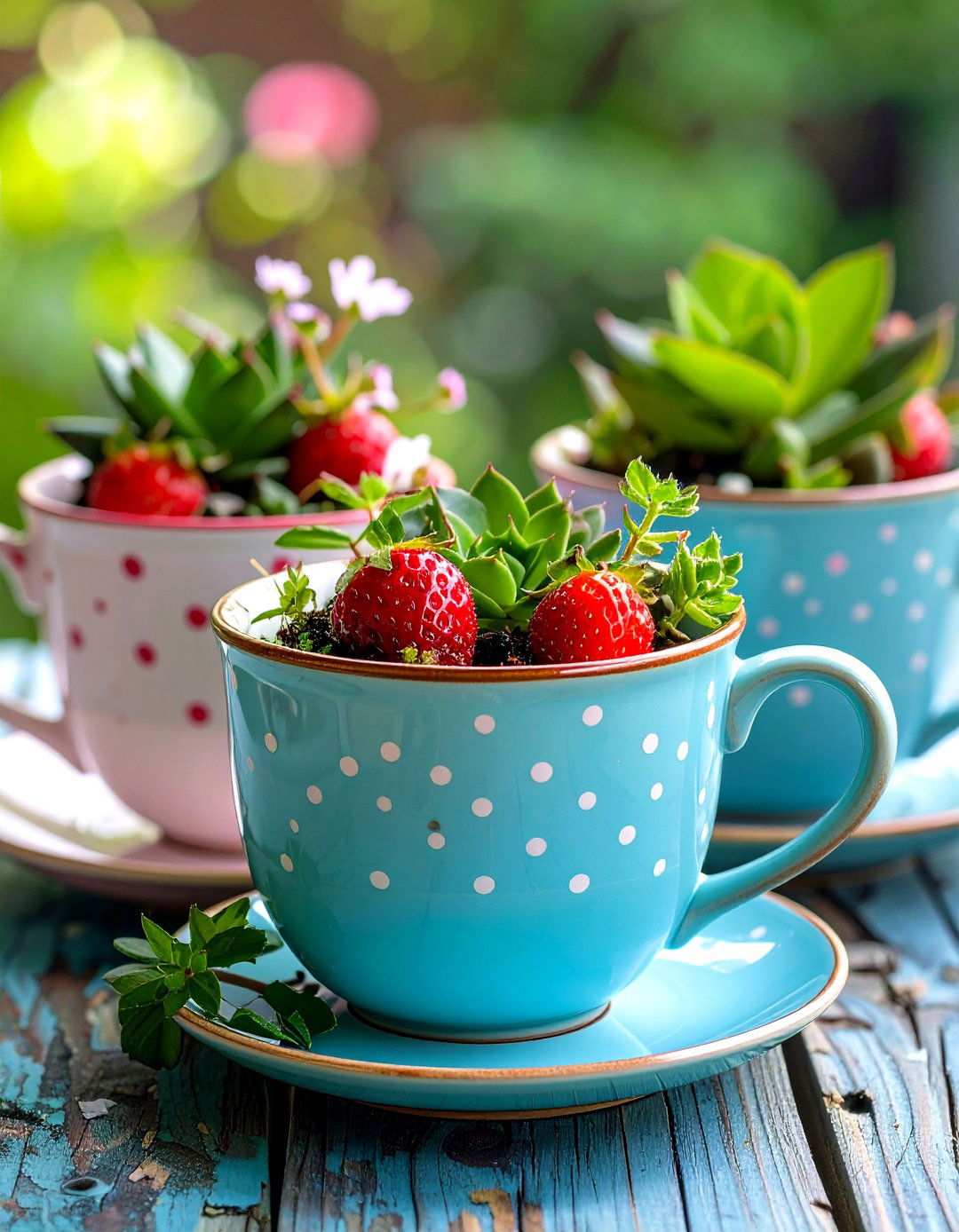 Teacup Succulent Strawberry Planter - 20 Strawberry Planter Ideas