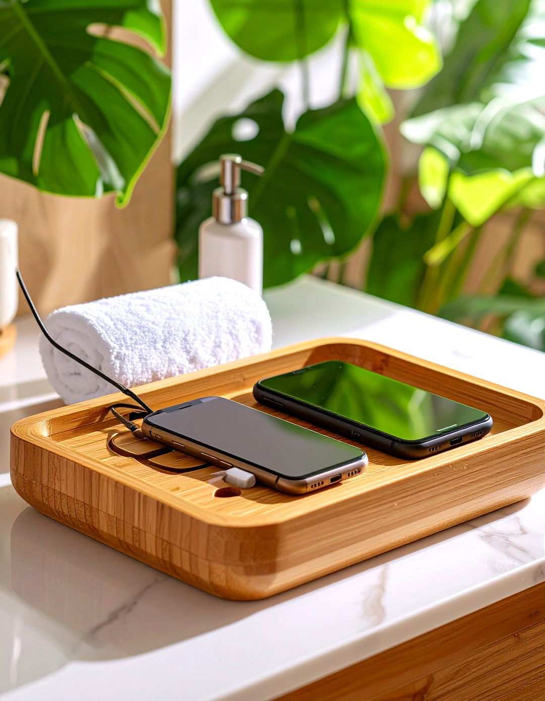 Tech Friendly Bathroom Tray with Device Slot - 20 Bathroom Tray Ideas
