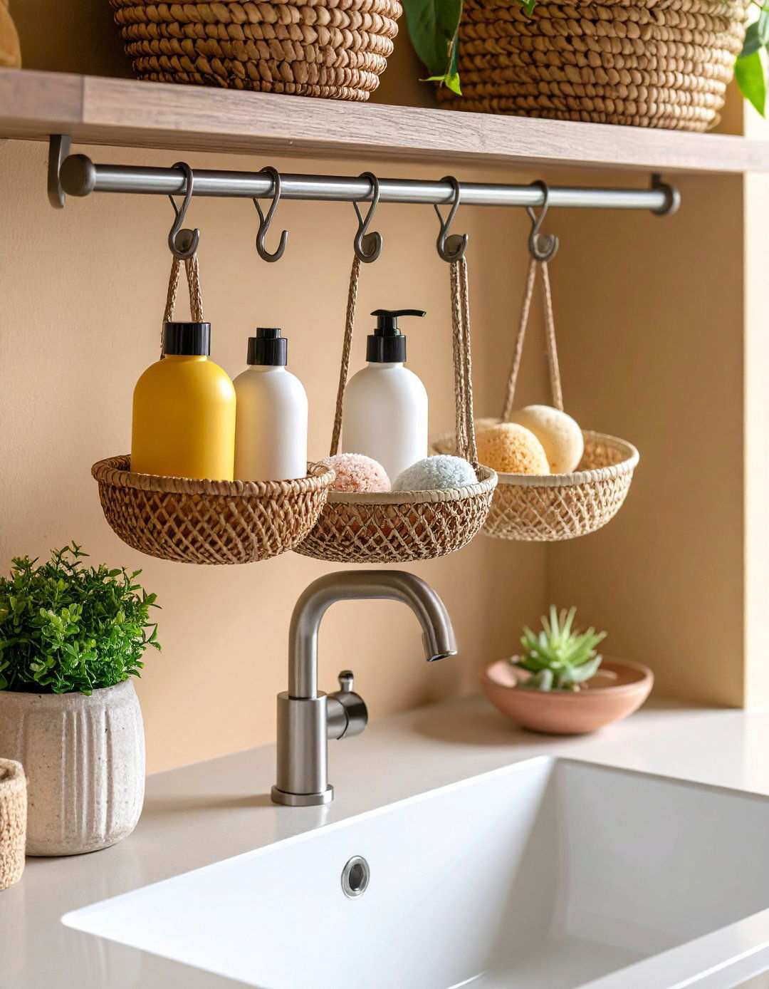 Tension Rod Bathroom Organization with S Hooks - 20 Bathroom Organization Ideas