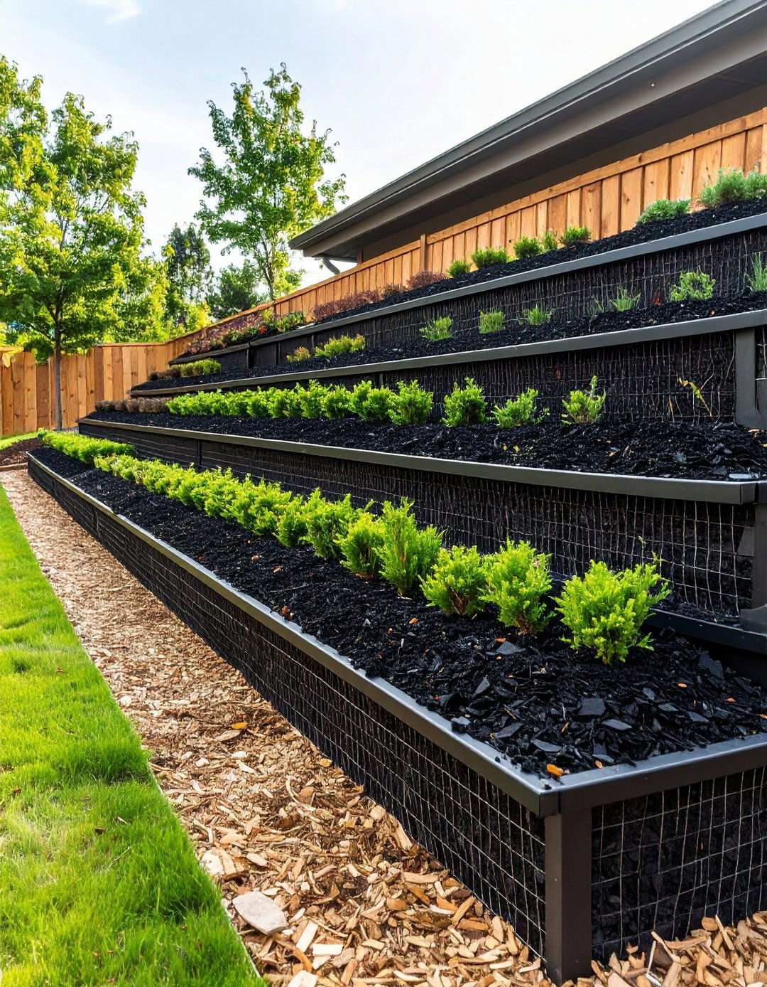 Terraced Slope Stabilized with Black Mulch Bands - 20 Black Mulch Landscaping Ideas