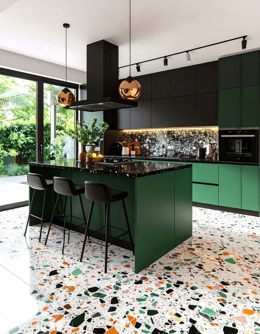 Terrazzo Floored Black and Green Kitchen - 20 Black and Green Kitchen Ideas