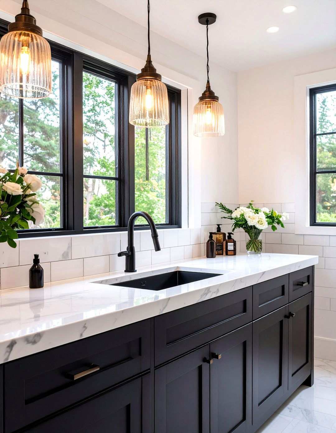 Texture Play Matte Glossy and Marble Together - 20 Black and White Bathroom Ideas