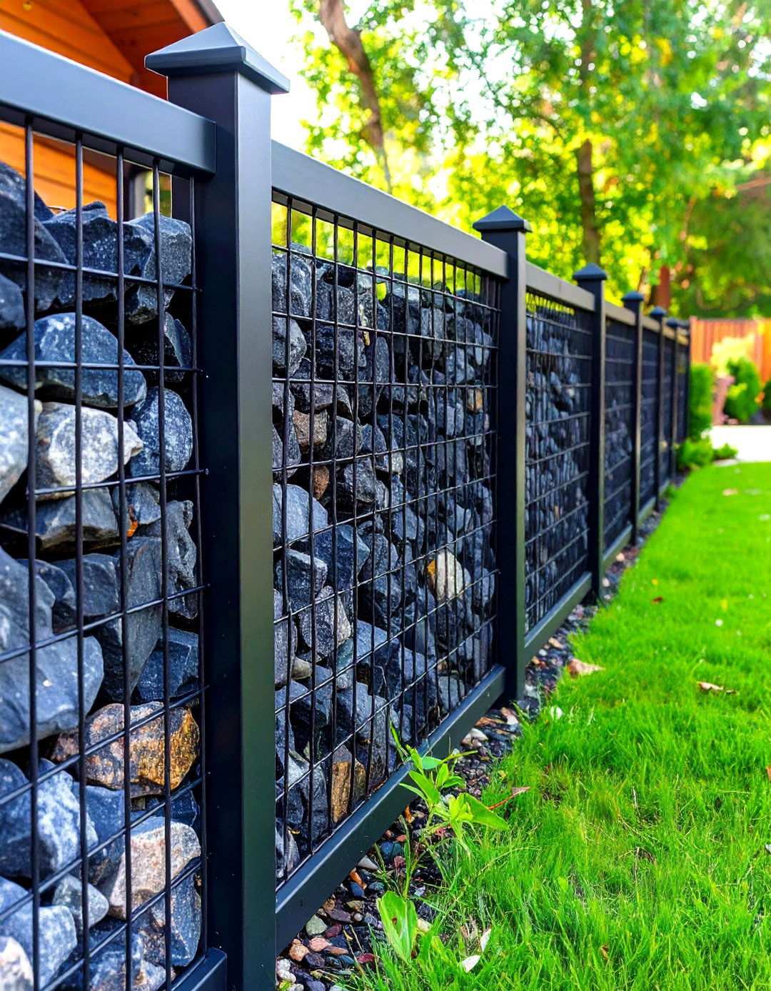 Textured Black Gabion Stone Cage Fence - 20 Black Fence Ideas