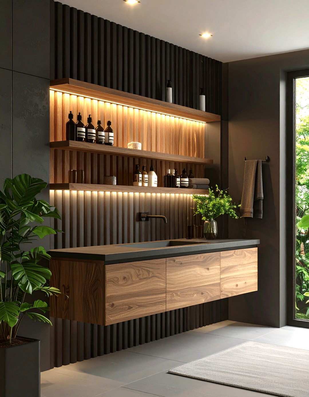 Textured Layers Ribbed Black Panels and Live Edge Shelf - 20 Black and Wood Bathroom Ideas