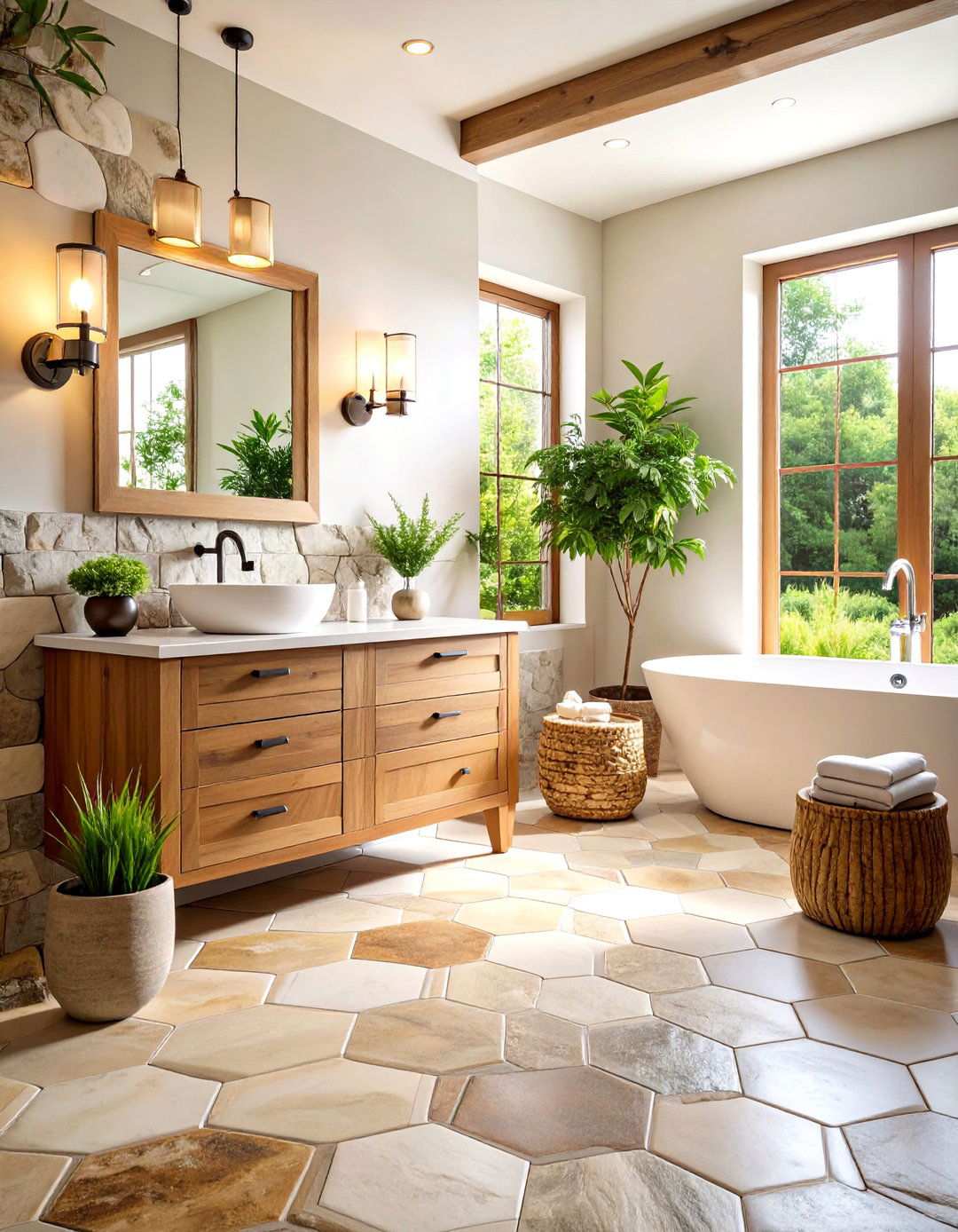Textured Stone Bathroom With Hexagon Tile Floor - 20 Bathrooms With Hexagon Tile Floors