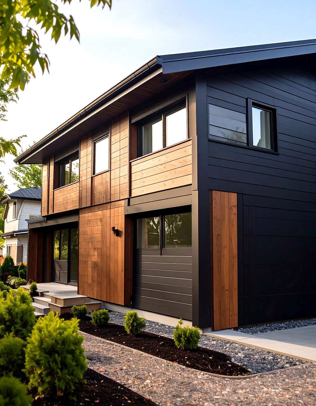 Thermally Modified Ash Highlights for Black Siding - 20 Black House With Wood Accents