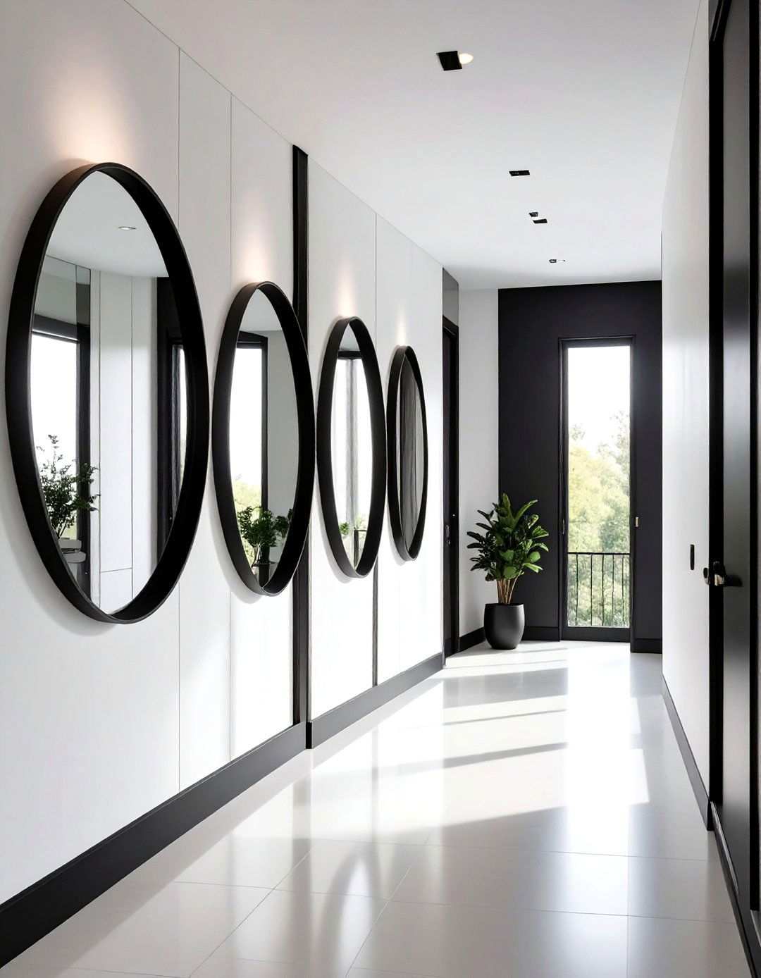 Thin Black Framed Mirrors to Double Light - 20 Black and White Hallway Ideas