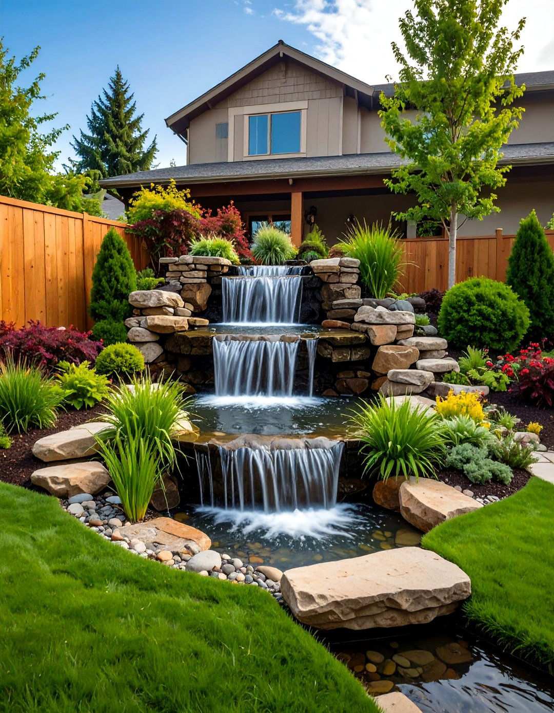 Tiered Garden Waterfall Feature - 20 Backyard Waterfall Ideas