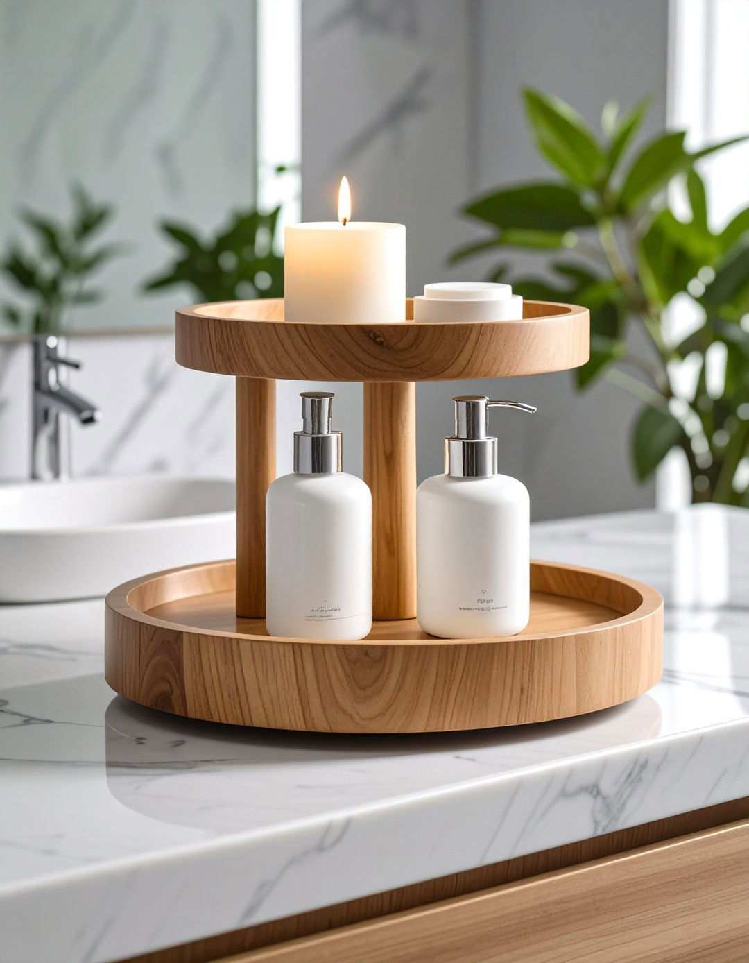 Tiered Trays Build Vertical Stories on the Bathroom Counter - 20 Bathroom Counter Organization Ideas