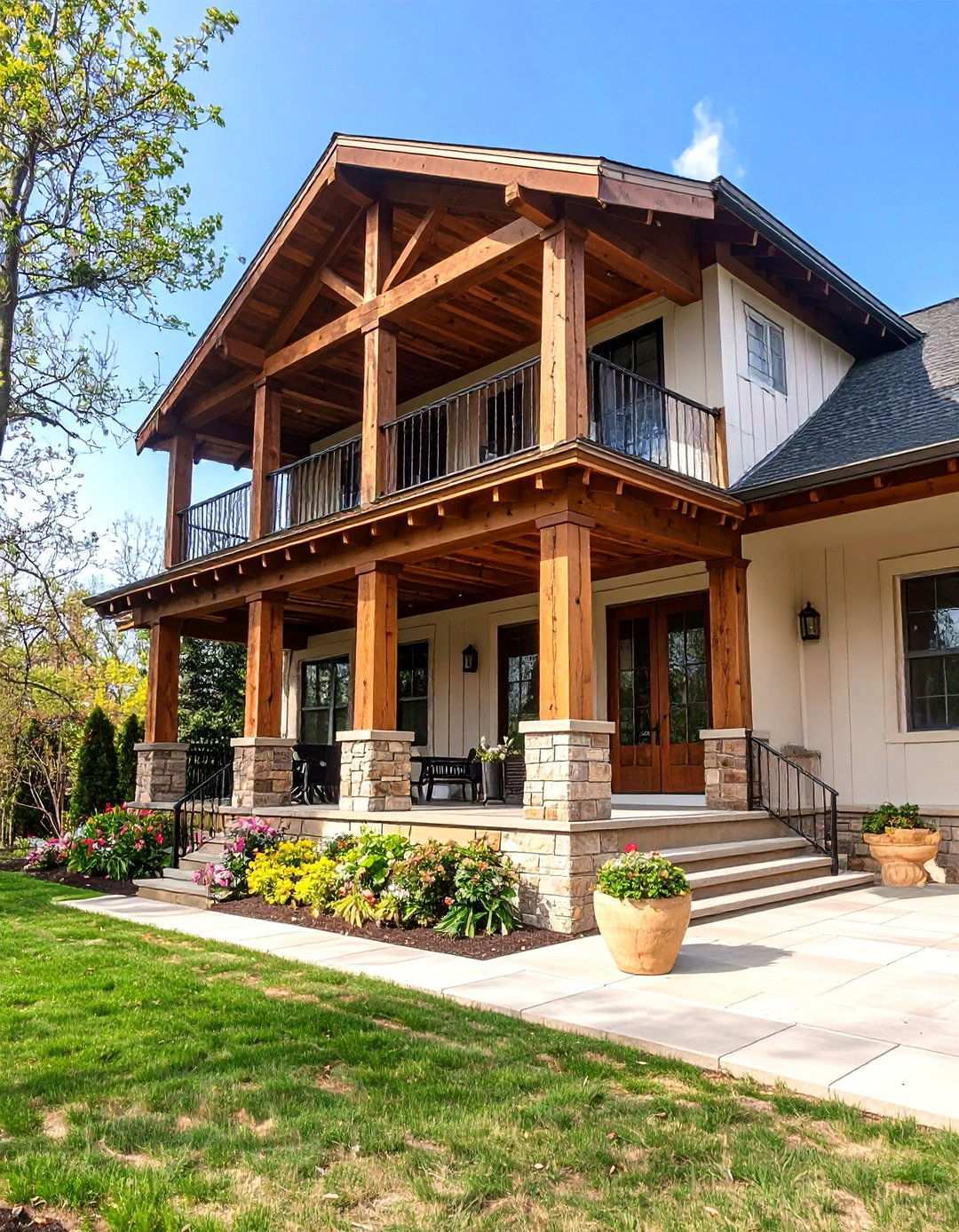 Timber Framed Porch on a Black Farmhouse - 20 Black House With Wood Accents