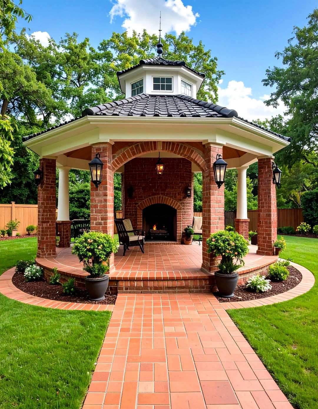 Traditional Brick Pavilion with Arched Fireplace - 20 Backyard Pavilion With Fireplace
