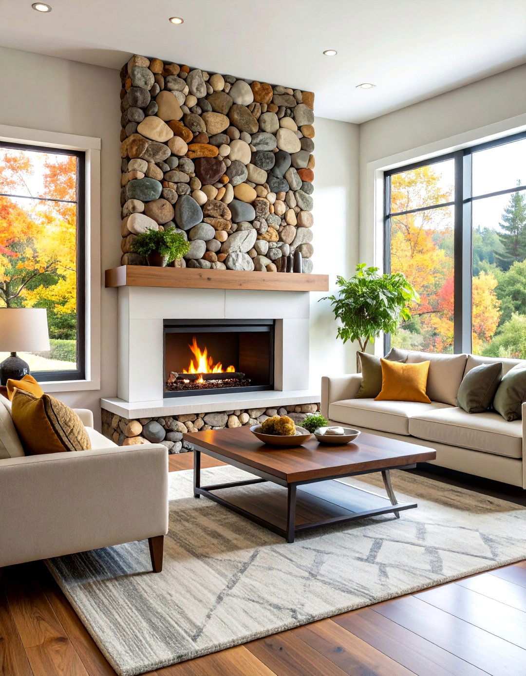 Transitional River Rock Fireplace with Mixed Stone Sizes - 20 River Rock Fireplace Ideas