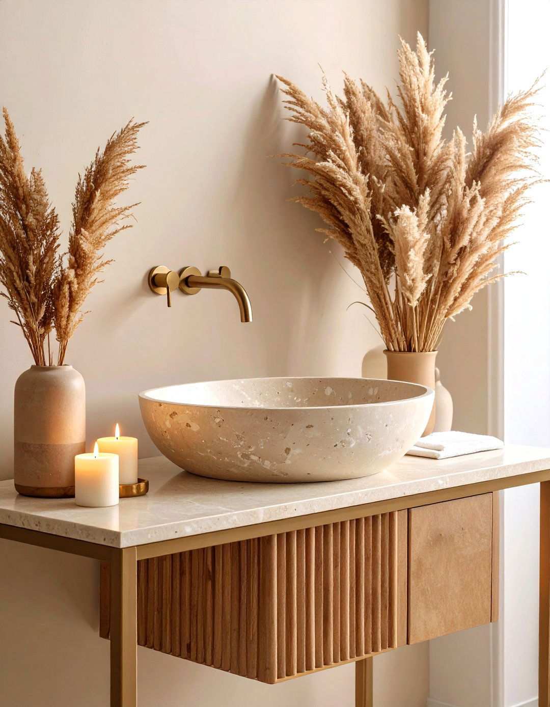 Travertine Centerpiece in a Beige Bathroom - 20 Beige Bathroom Ideas