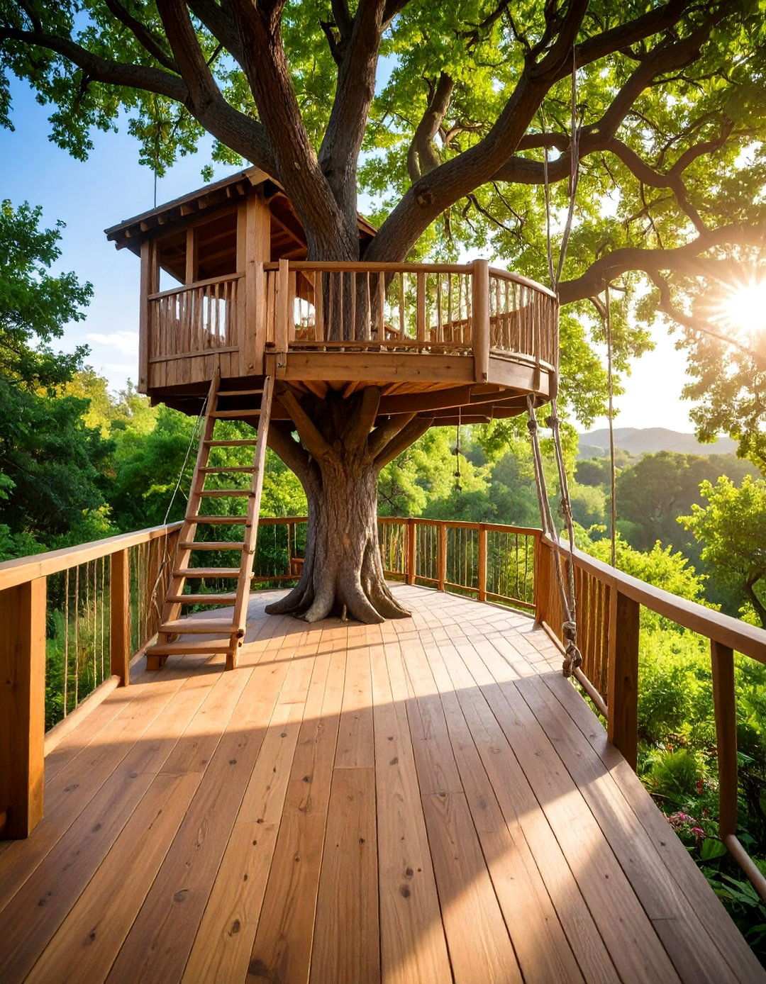 Treehouse Platform with Rope Ladder Access - 20 Backyard Playground Ideas
