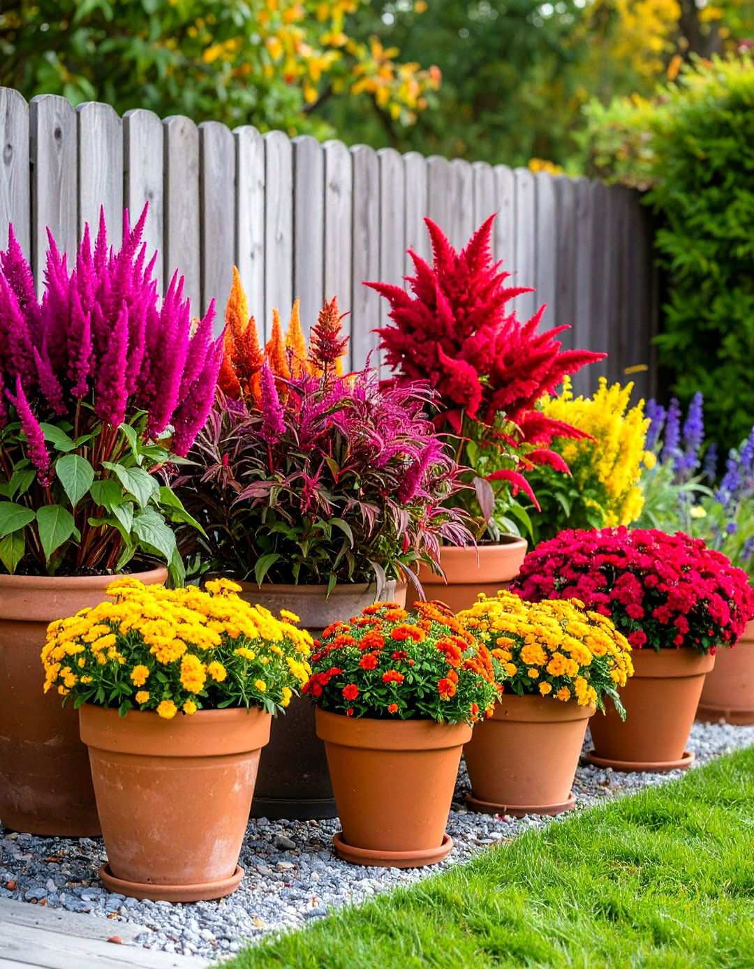 Try Contrasting Textures in Your Potted Plant Arrangement Using Celosia and Foliage - 20 Potted Plant Arrangement Ideas