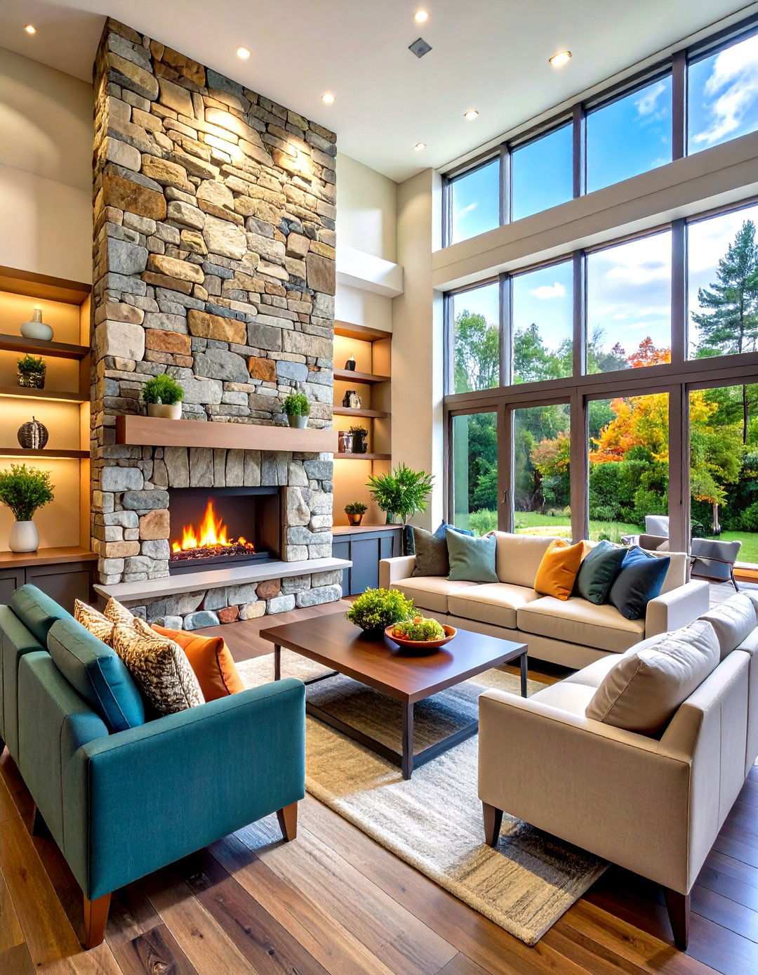 Two Story River Rock Fireplace Statement Wall - 20 River Rock Fireplace Ideas