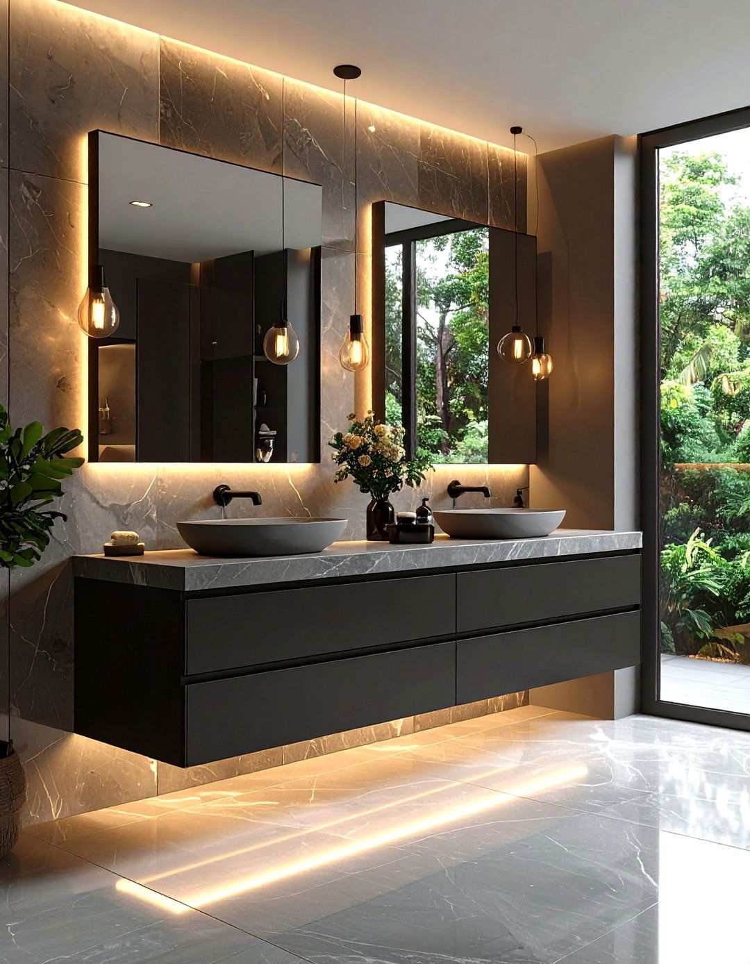 Two Tone Bathroom Vanity With Floating Black Base - 20 Black and Grey Bathroom Ideas