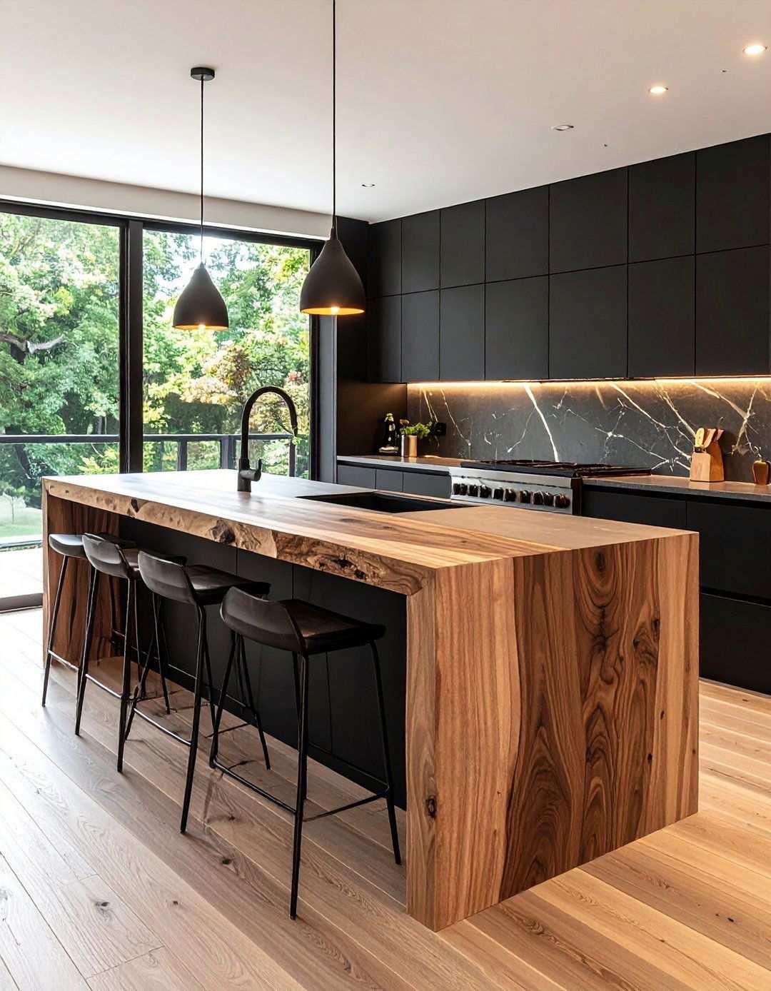 Two Tone Black Island with Natural Wood Counter - 20 Black Kitchen Islands
