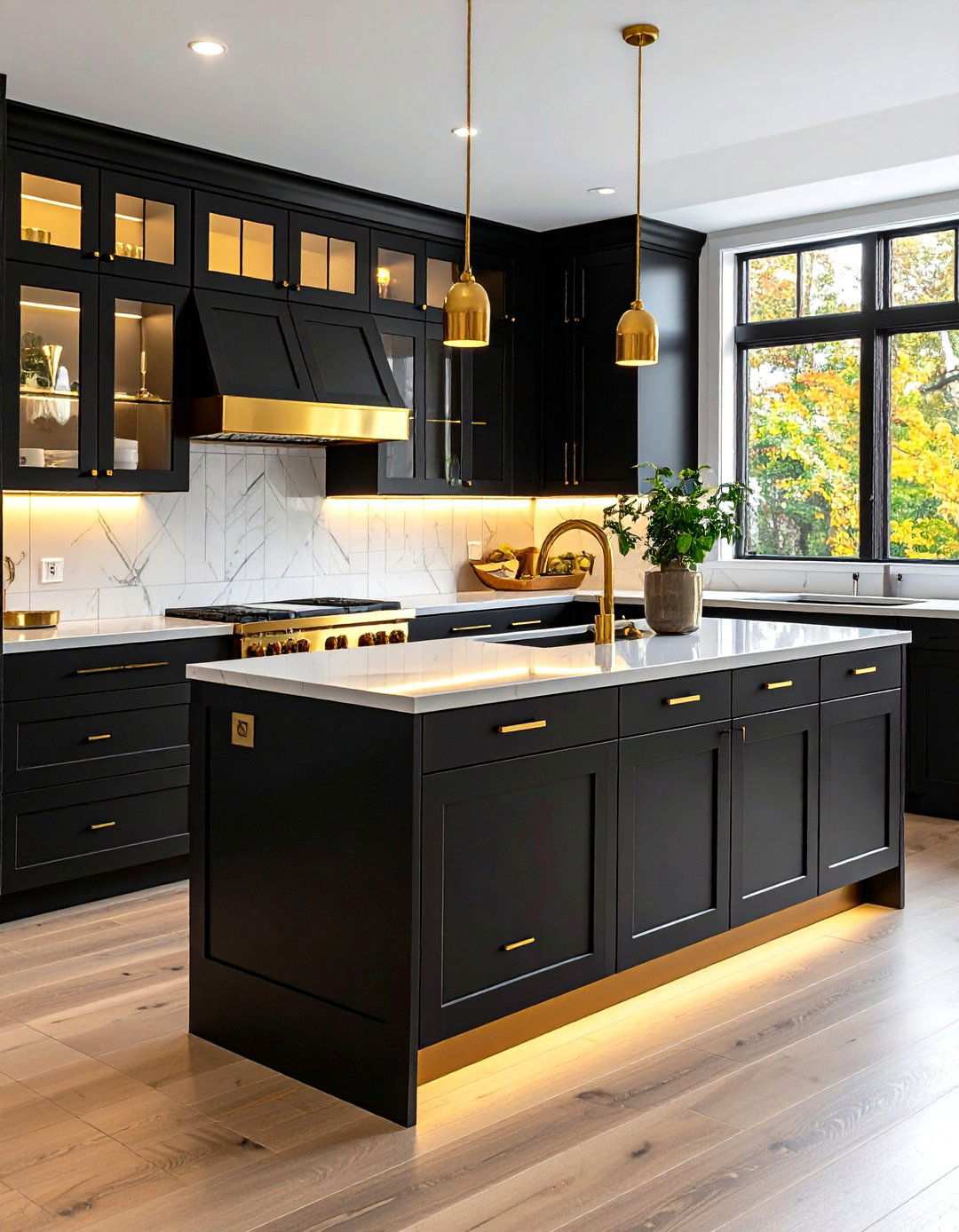 Two Tone Black Lower Cabinets and Gold Framed Uppers - 20 Black and Gold Kitchen Ideas