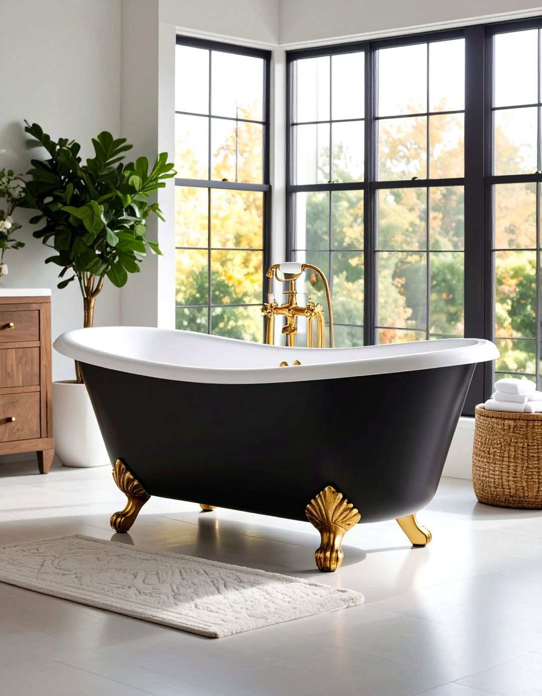 Two Tone Claw Foot Tub Centerpiece - 20 Black and Gold Bathroom Ideas
