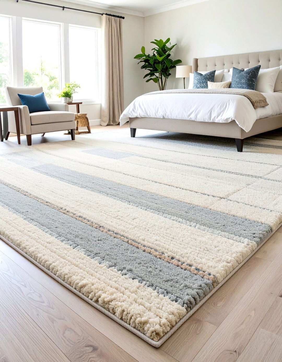 Two Tone Striped Carpet to Elongate Space - 20 Bedroom Carpet Ideas