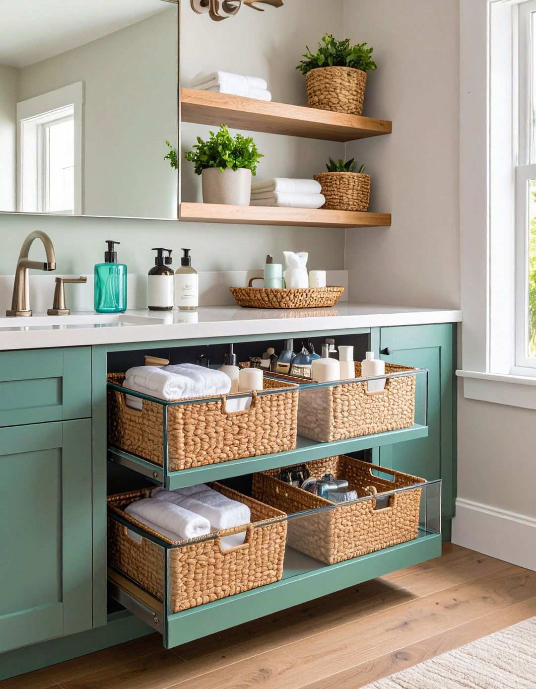 Under Sink Baskets Act as a Support Squad for the Bathroom Counter - 20 Bathroom Counter Organization Ideas