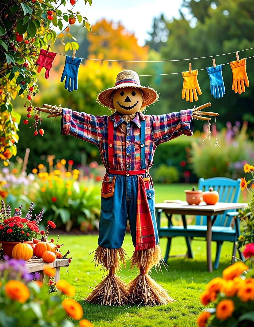 Upcycled Clothesline Scarecrow - 20 Garden Scarecrow Ideas