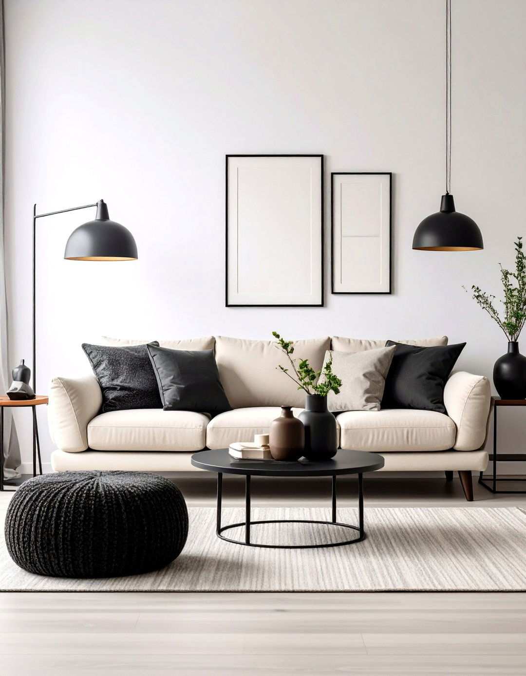 Use Black Accents for Crisp Contrast With a Beige Couch - 20 Beige Couch Living Room Ideas